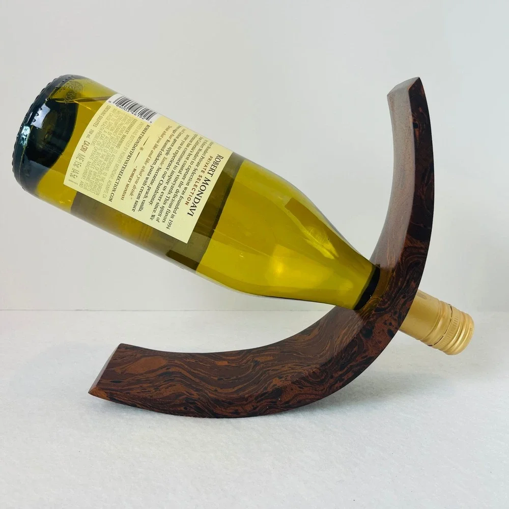 Handcrafted Wooden Balancing Wine Bottle Holder Etched Dragonfly Floral NO Bottl